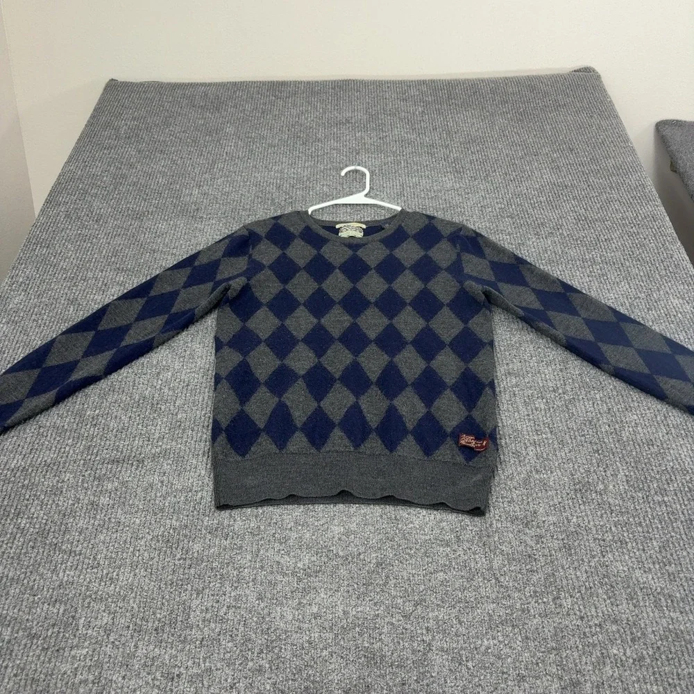 Scotch and Soda Sweater Men L Blue Grey Merino Wool Argyle Crewneck Preppy Style